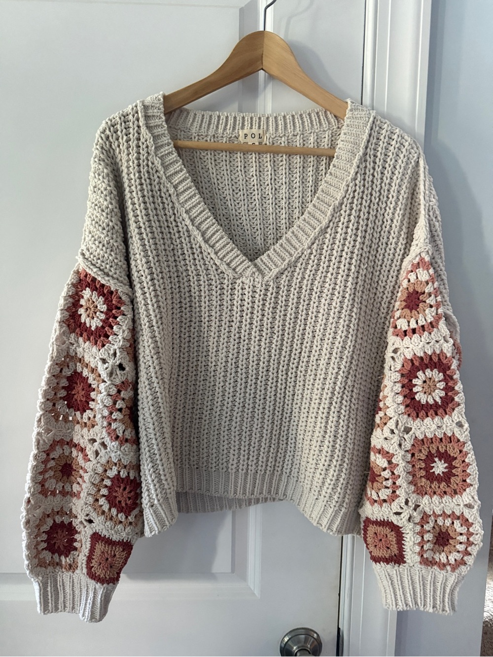POL Patchwork Quilt Sleeve Sweater S Oversized Boho cozy grandmacore